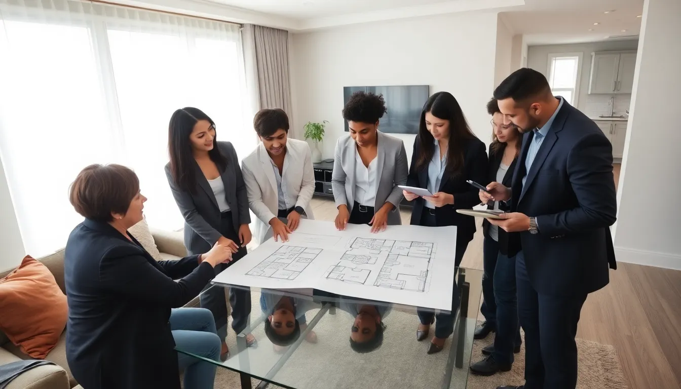 team discussing renovation plans around a modern table.