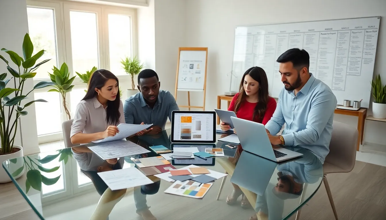 diverse team collaborating on home renovation plans in a modern office.