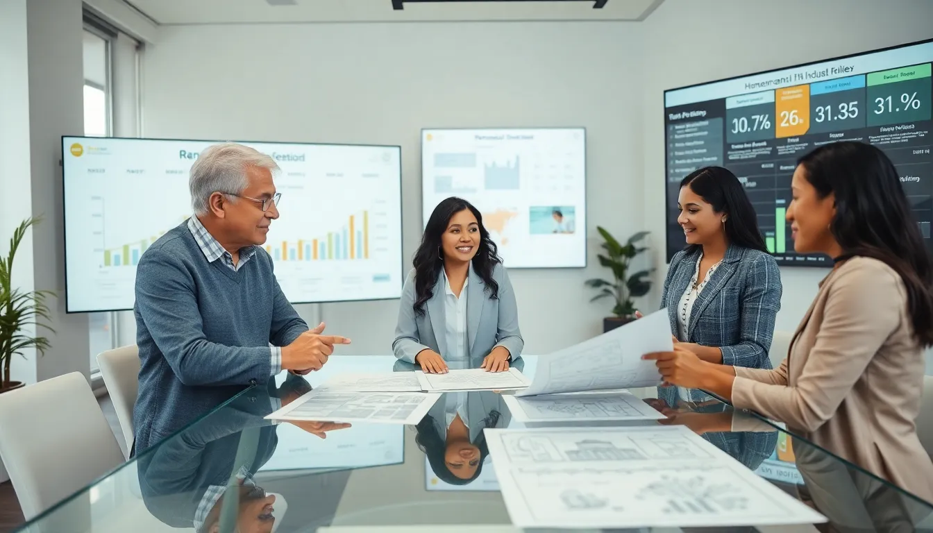diverse team discussing home renovation plans in a modern office.