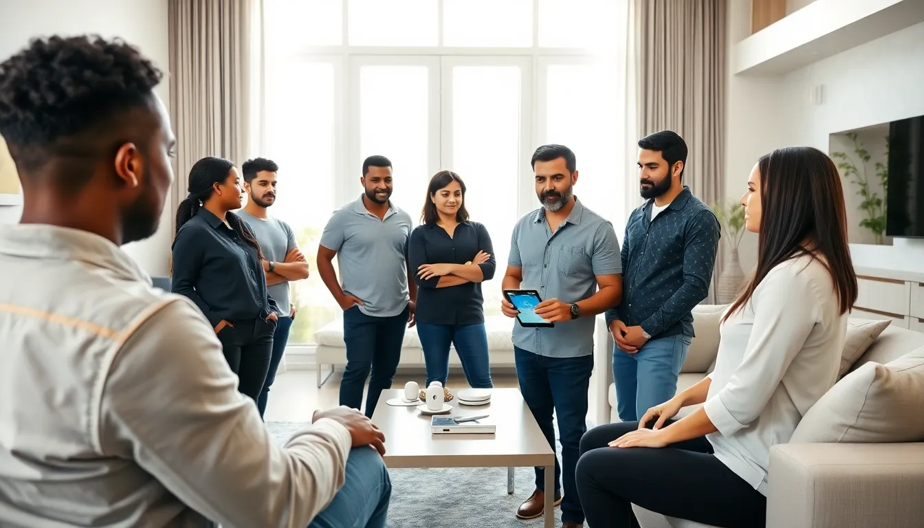home automation installers demonstrating smart devices in a modern living room.
