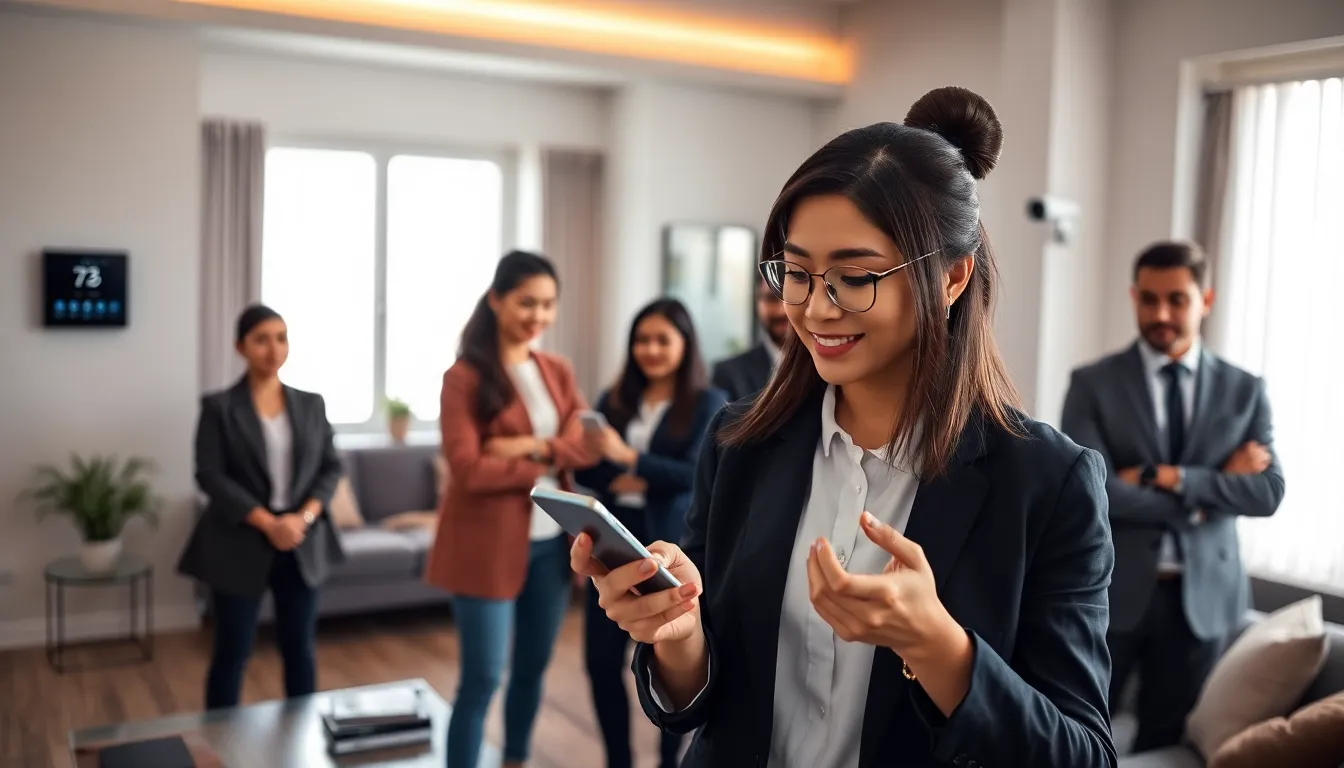A diverse group demonstrating smart device integration in a modern living room.