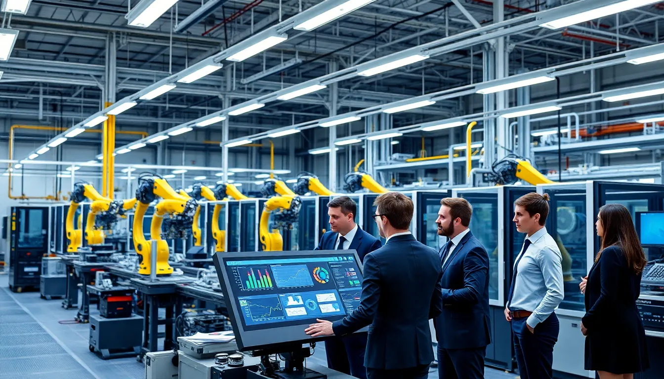 diverse team collaborating in a modern automated manufacturing facility.
