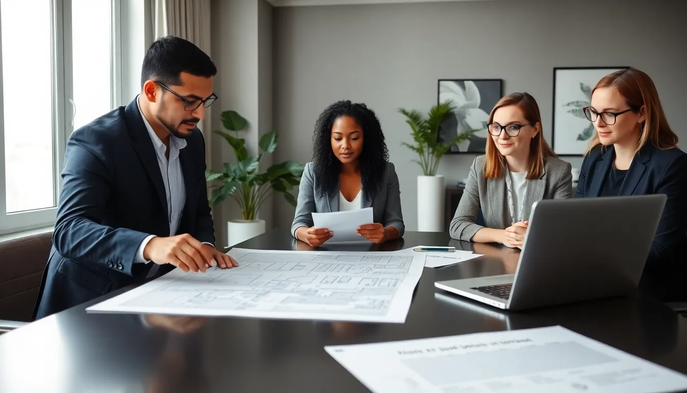 team discussing renovation plans in a modern office.