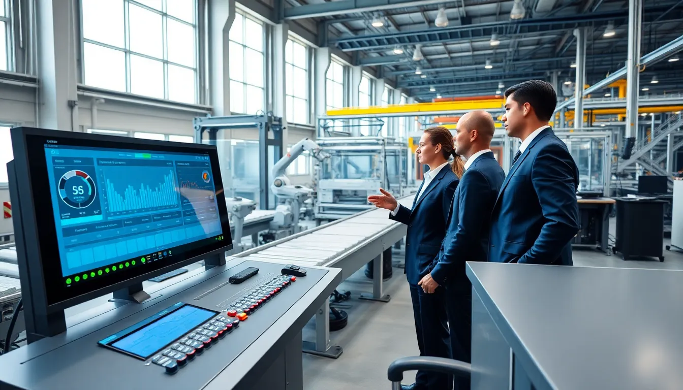 diverse team monitoring an advanced automation control system in a factory.
