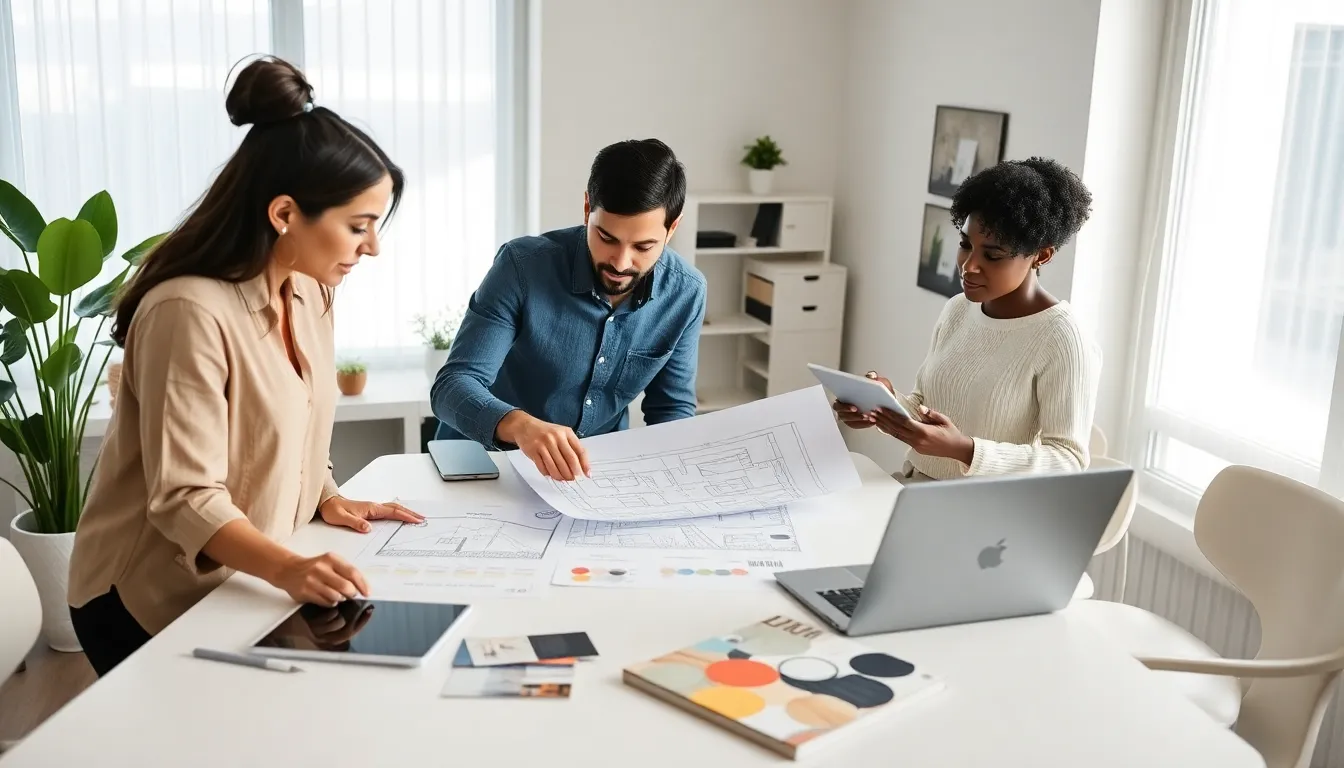 diverse team planning a DIY home renovation in a modern office.