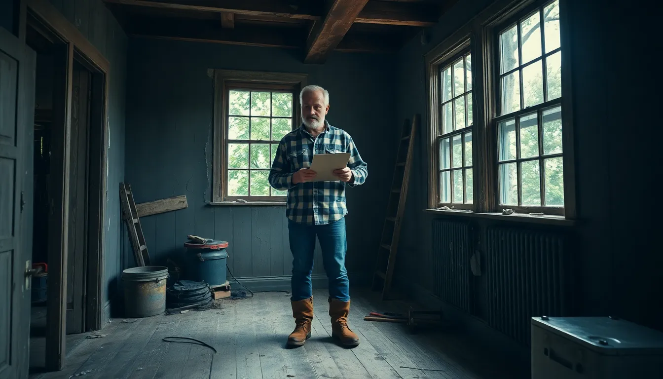 contractor assessing an old house during renovation inspection.