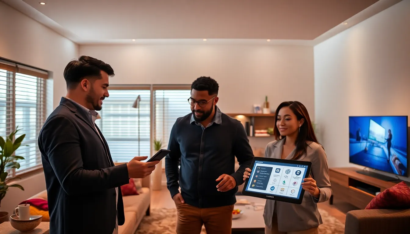 diverse individuals using Control4 home automation in a modern living room.