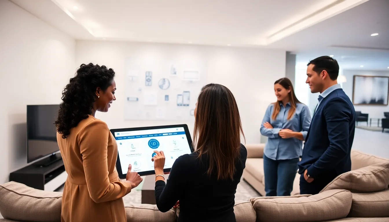 diverse professionals demonstrating Control 4 home automation in a modern living room.