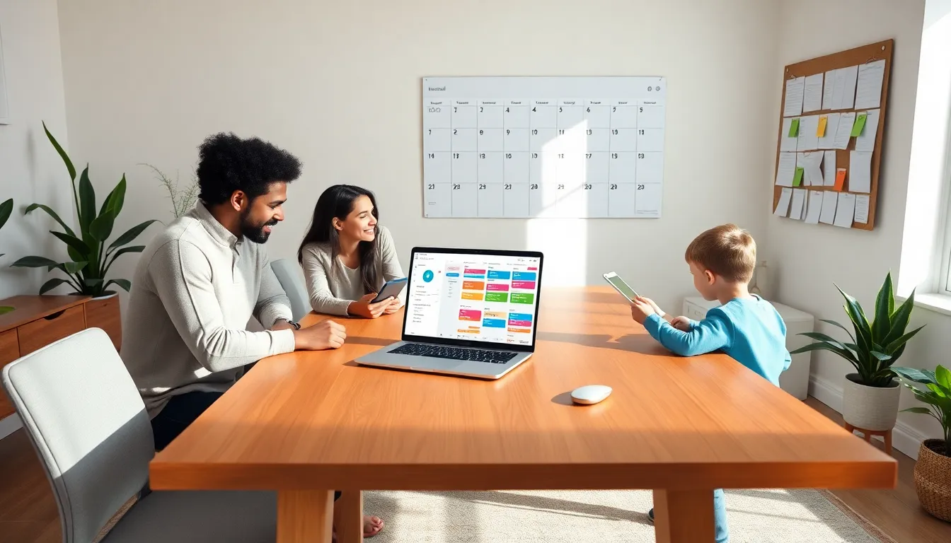 diverse family planning tasks in a modern home office setting.