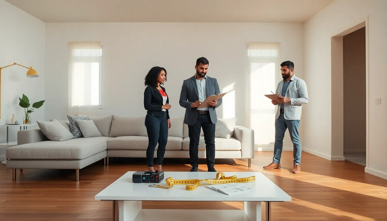 diverse professionals assessing a living room for renovation.